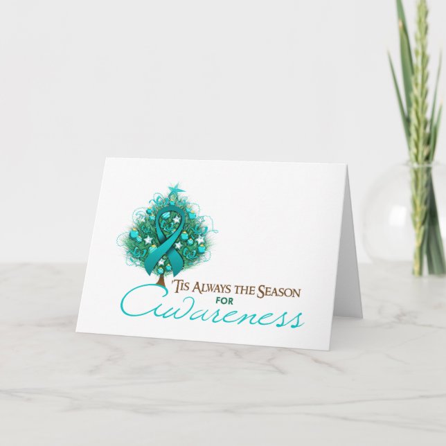Teal Ribbon Xmas Awareness Season Holiday Card (Front)