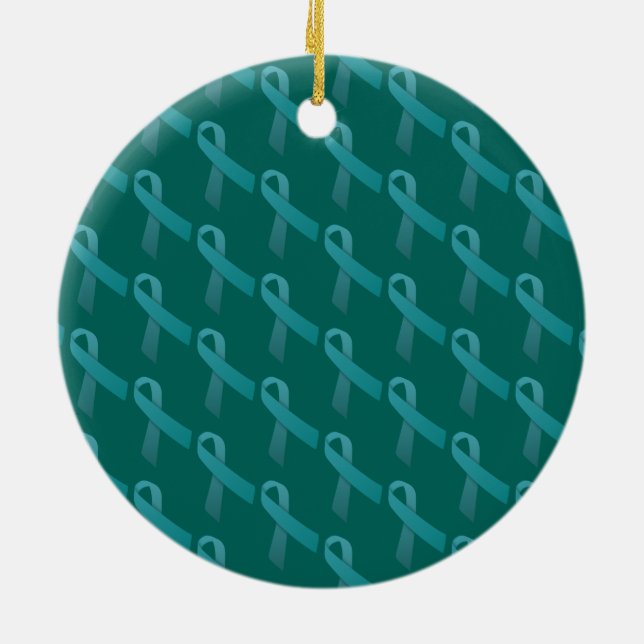Teal Ribbons Tiled Pattern Ceramic Ornament (Back)