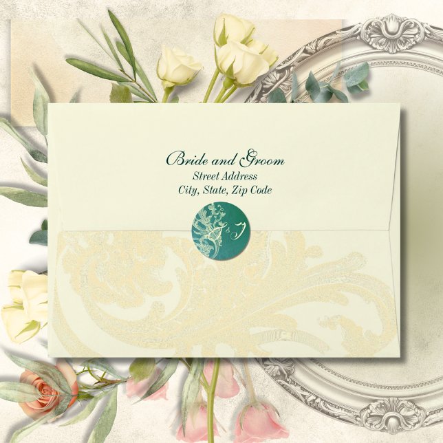 Teal Rococo Scroll with Elegant Monogram Classic Round Sticker (Creator Uploaded)