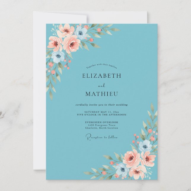 Teal Romantic Floral Spring Wedding Invitation (Front)