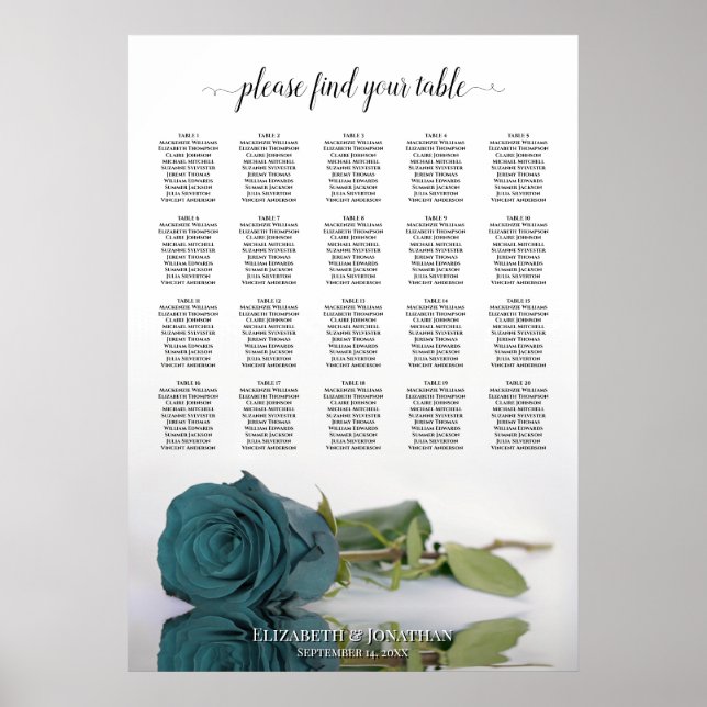 Teal Rose 20 Table Elegant Wedding Seating Chart (Front)