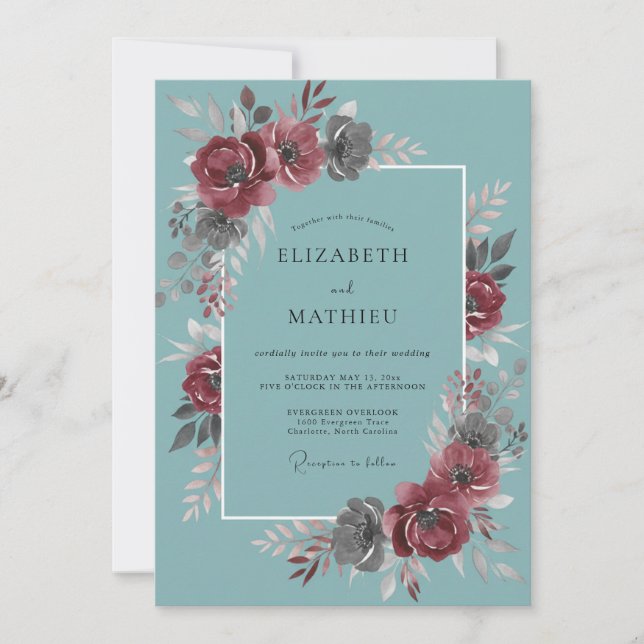Teal Rose Autumnal Wedding Invitation (Front)
