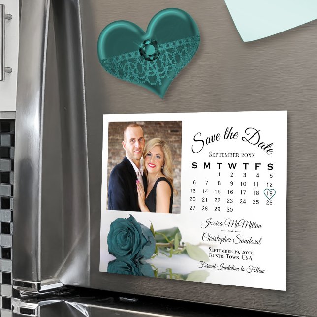 Teal Rose Calendar Photo Wedding Save Date Magnet (Magnetic Card perfect for display on fridge!)