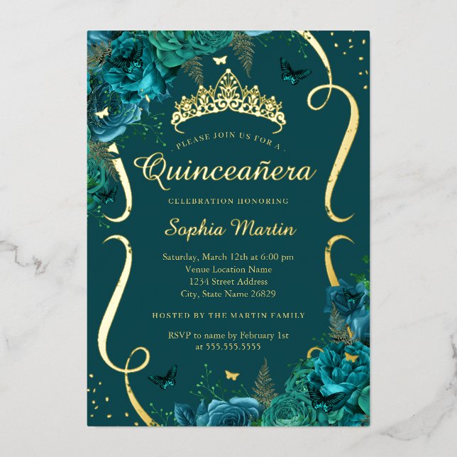 Teal Rose Floral Butterfly Tiara Quinceanera (Front)