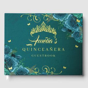 Teal Rose Floral Swirl Quinceanera Gold Guest Book