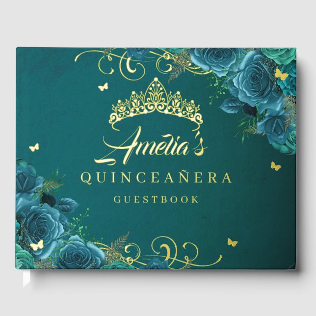 Teal Rose Floral Swirl Quinceanera Gold   Guest Book (Front)