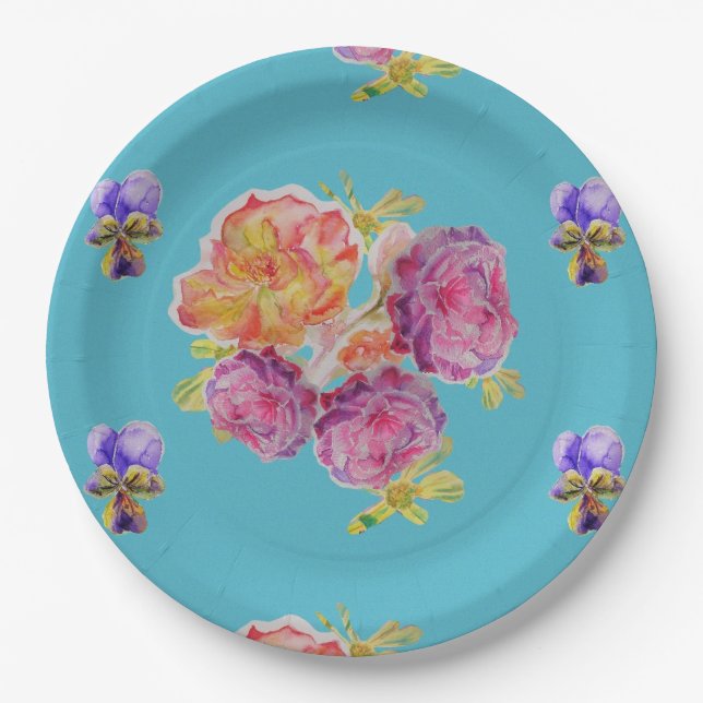 Teal Rose Flower Pattern Paper Party Plate (Front)
