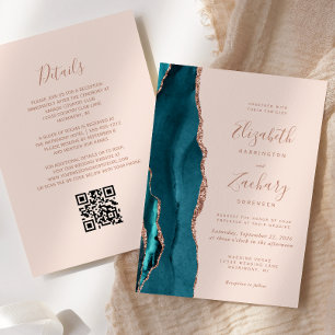 Teal Rose Gold Agate Blush Pink QR Code Wedding Invitation