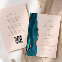 Teal Rose Gold Agate Blush Pink QR Code Wedding