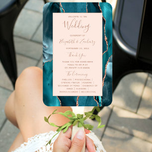 Teal Rose Gold Agate Blush Wedding Program Hand Fan