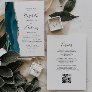 Teal Rose Gold Agate QR Code Wedding Invitation