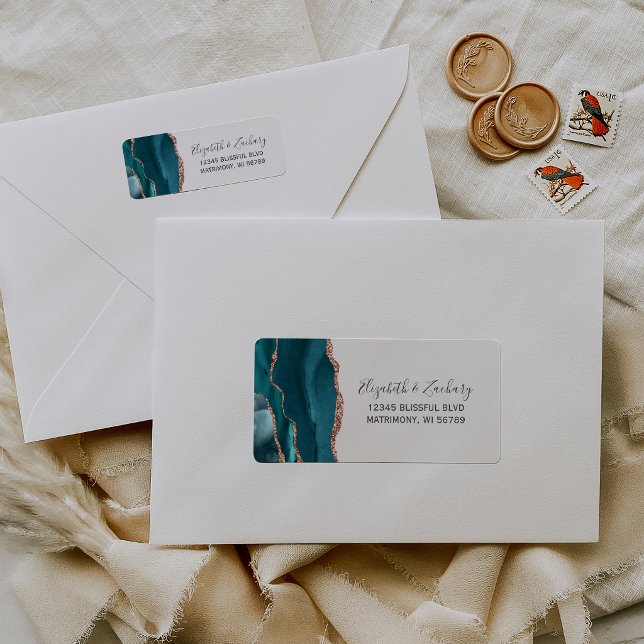 Teal Rose Gold Agate Wedding Return Address (Créateur téléchargé)