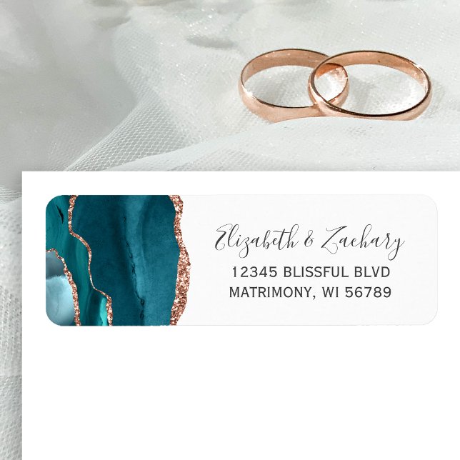 Teal Rose Gold Agate Wedding Return Address (Créateur téléchargé)