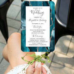 Teal Rose Gold Agate White Wedding Program Hand Fan