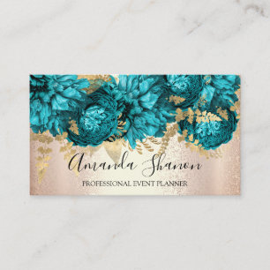 Teal Rose Gold Flowers Logo Event Planner QR Code Business Card