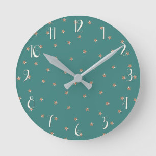 Teal & Rose Gold Pink Glittery Stars Starry Round Clock