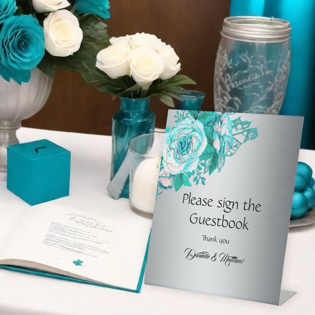 Teal Rose Silver Elegance Wedding  Pedestal Sign (Creator Uploaded)