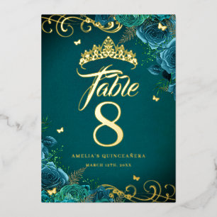Teal Rose Swirl Quinceanera Gold Table Number 