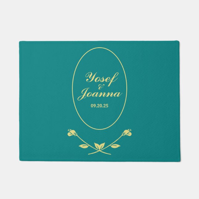 Teal Rose Wedding Doormat (Front)