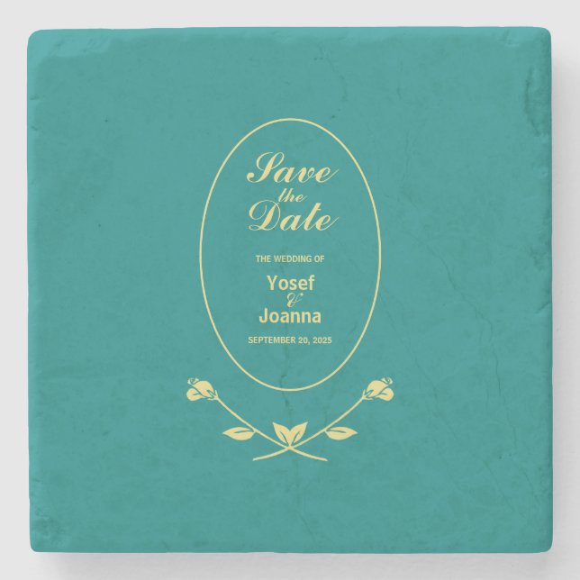 Teal Rose Wedding Save the Date Stone Coaster (Front)