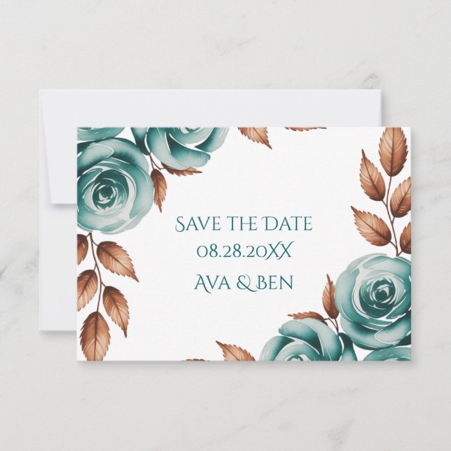 Teal Roses and Bronze Leaves Wedding Save The Date (Front)