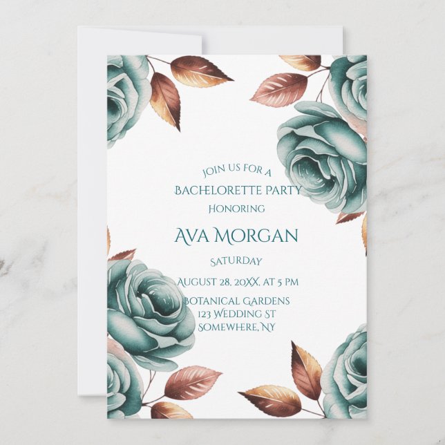 Teal Roses and Copper Leaves Bachelorette Party Invitation (Front)