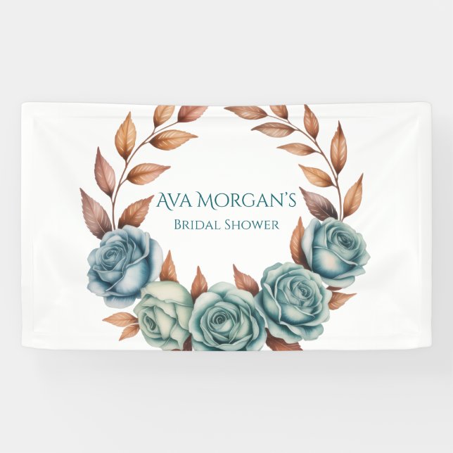 Teal Roses and Copper Leaves Bridal Shower Banner (Horizontal)