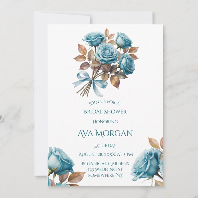 Teal Roses and Copper Leaves Bridal Shower Invitation (Front)