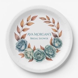 Teal Roses and Copper Leaves Bridal Shower Paper Plate