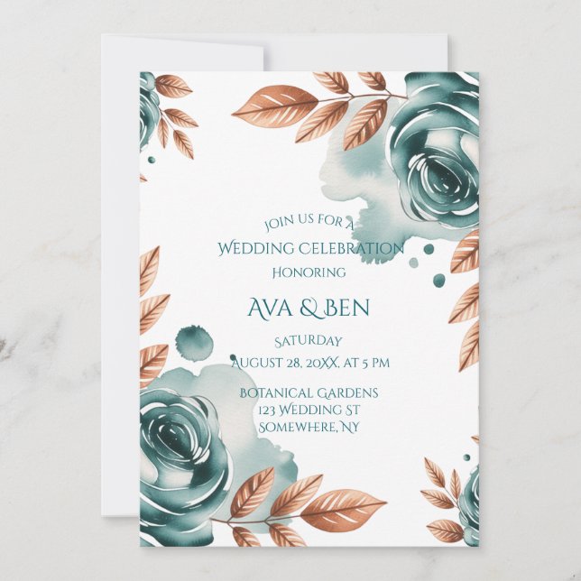 Teal Roses and Copper Leaves Wedding Celebration  Invitation (Front)
