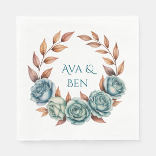 Teal Roses and Copper Leaves Wedding Napkin