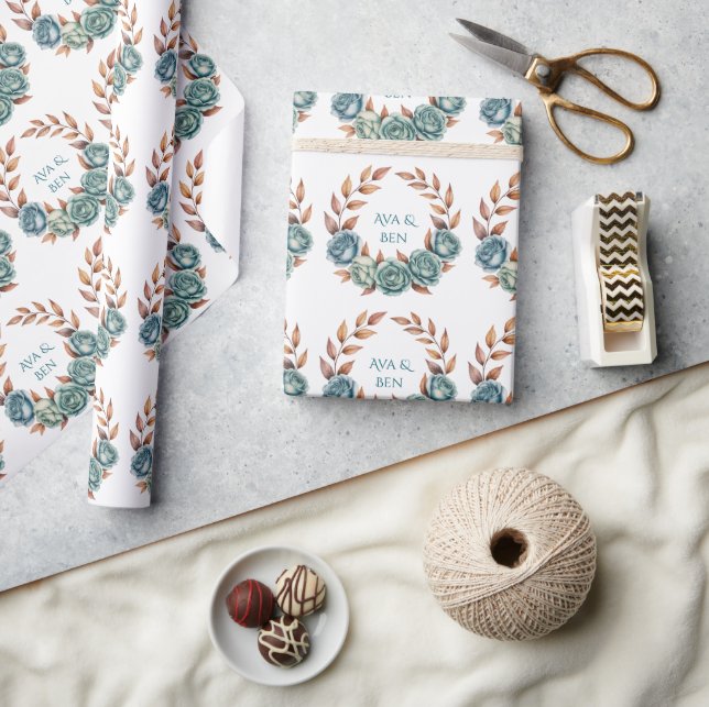 Teal Roses and Copper Leaves Wedding Wrapping Paper (Crafts)