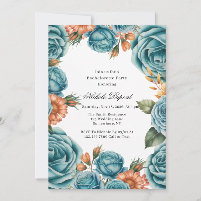 Teal Roses and Orange Floral Bachelorette Party Invitation (Front)