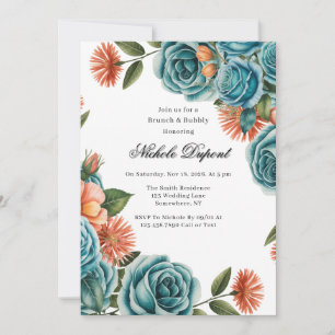 Teal Roses and Orange Floral Brunch & Bubbly Invitation