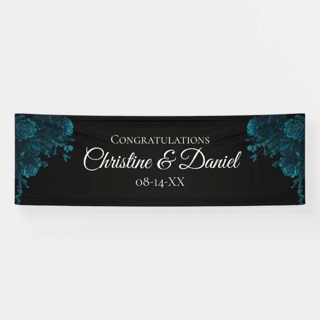 Teal Roses Black Gothic Wedding Banner (Horizontal)