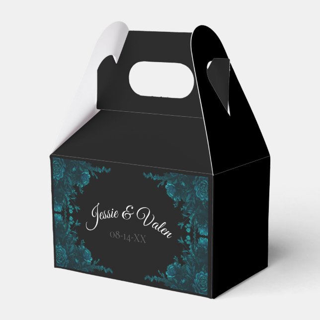 Teal Roses Black Gothic Wedding Gable Favor Box (Front Side)