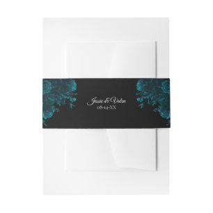 Teal Roses Black Gothic Wedding Invitation Belly Band