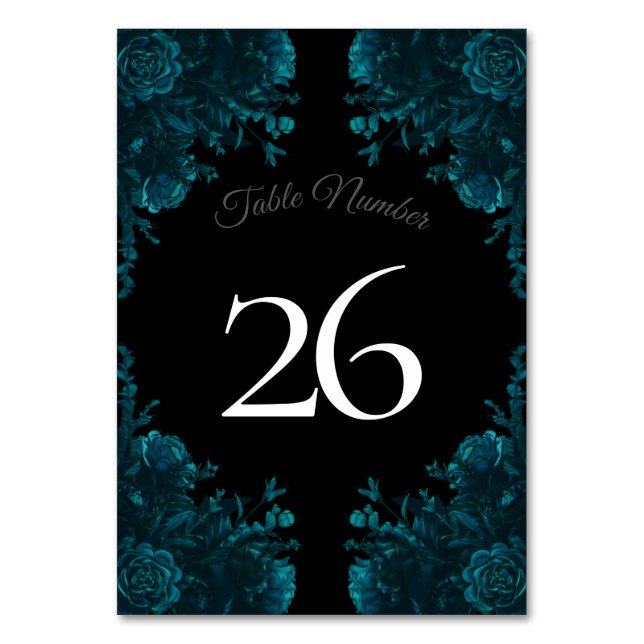 Teal Roses Black Gothic Wedding Table Number (Back)