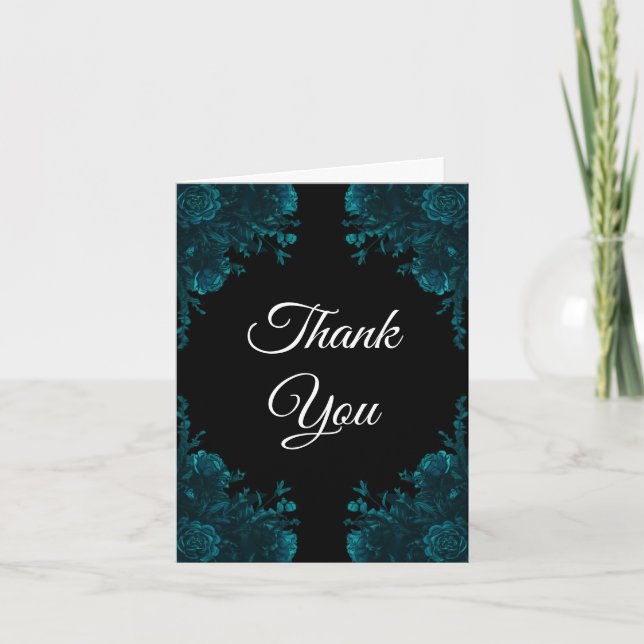 Teal Roses Black Gothic Wedding Thank You Card (Front)