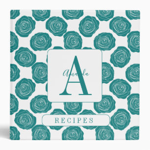Teal Roses Elegant Monogrammed Recipe Binder