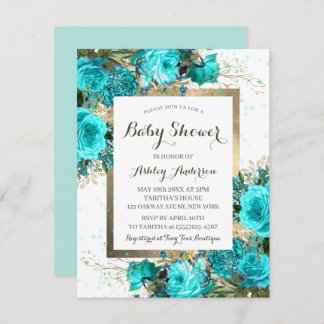 Teal Roses Floral Baby Shower Invitation