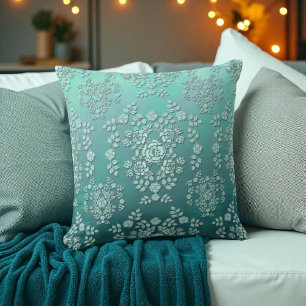 Teal Roses Vintage Style Damask Pattern Throw Pillow