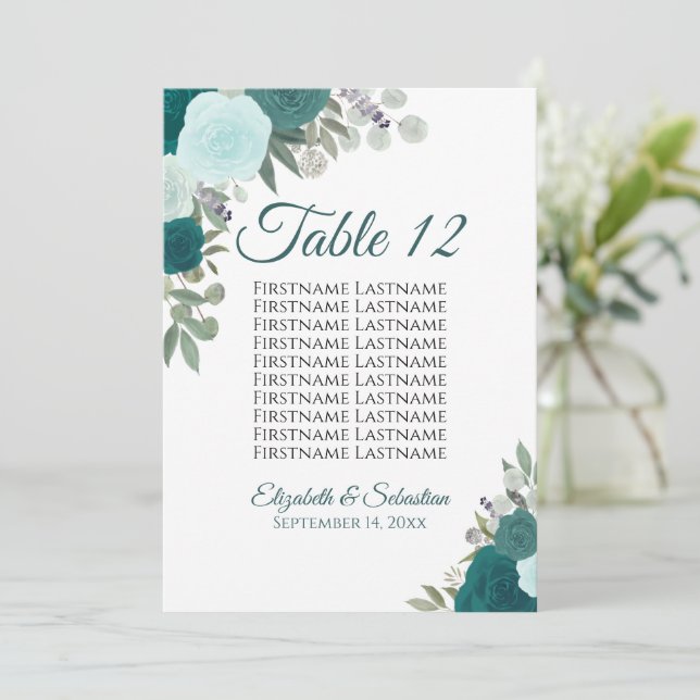 Teal Roses Wedding Seating Chart Table Card Large (Standing Front)