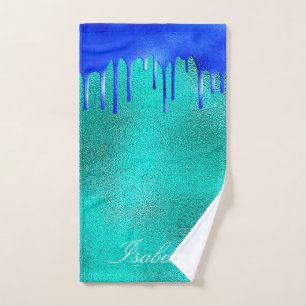 Teal royal blue green drips name  bath towel set