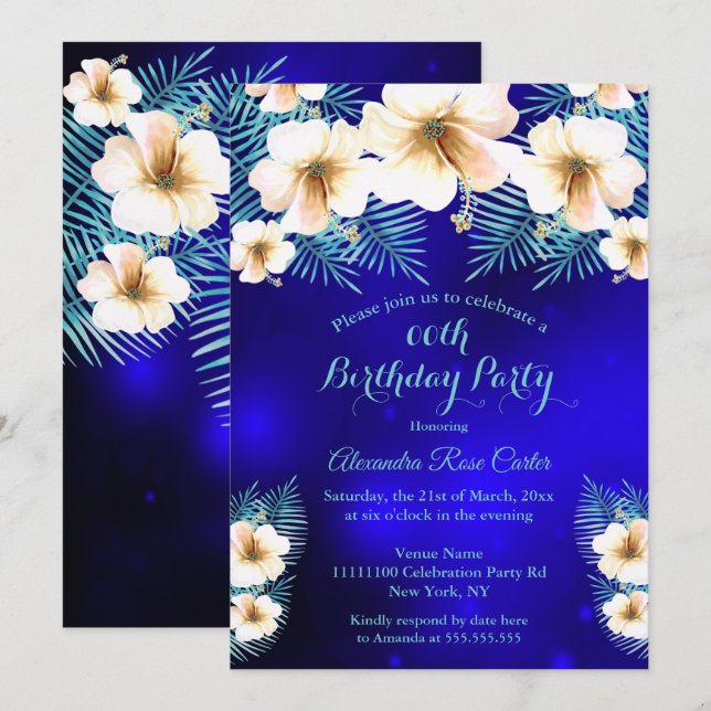 Teal Royal Blue Tropical floral Birthday Party Invitation (Front/Back)