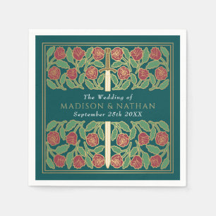 Teal Royal Medieval Gold Floral Sword Wedding Napkin