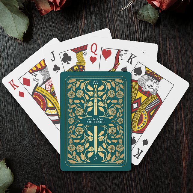 Teal Royal Medieval Gold Sword Monogram Playing Cards (Creator Uploaded)