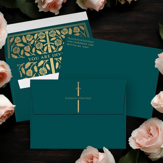 Teal Royal Medieval Gold Sword Wedding Envelope (Creator Uploaded)