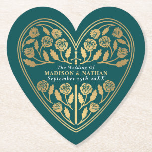 Teal Royal Medieval Gold Sword Wedding Paper Coaster
