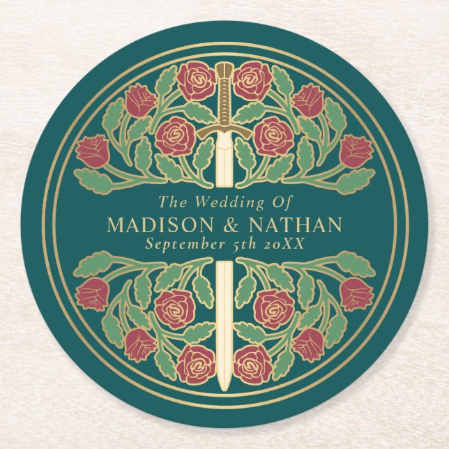 Teal Royal Medieval Gold Sword Wedding Round Paper Coaster (Front)